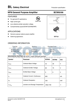 BCW65 datasheet - NPN General Purpose Amplifier