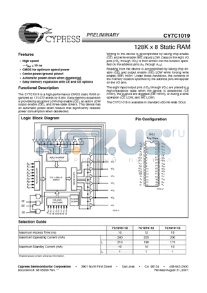 CY7C1019L-12VC datasheet - 128K x 8 Static RAM