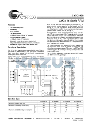 CY7C1020-12ZC datasheet - 32K x 16 Static RAM