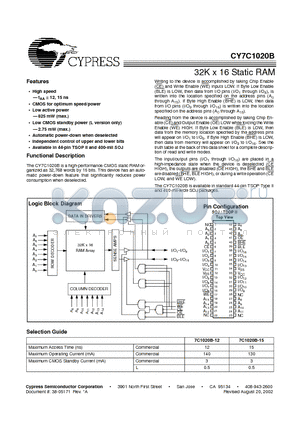 CY7C1020B-12VC datasheet - 32K x 16 Static RAM