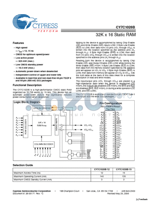 CY7C1020B-12VC datasheet - 32K x 16 Static RAM