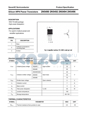2N5492 datasheet - Silicon NPN Power Transistors