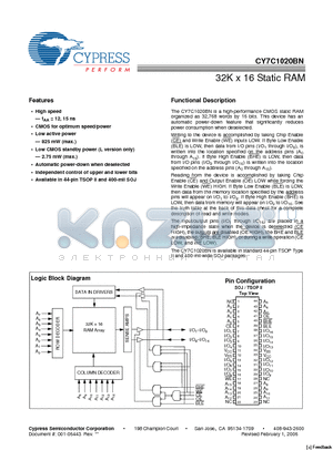 CY7C1020BN-12ZXC datasheet - 32K x 16 Static RAM
