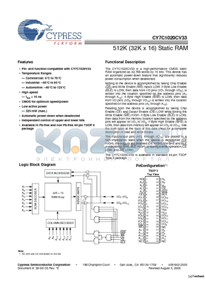 CY7C1020CV33 datasheet - 512K (32K x 16) Static RAM