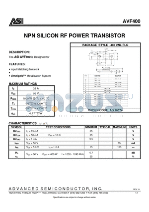 AVF400 datasheet - NPN SILICON RF POWER TRANSISTOR