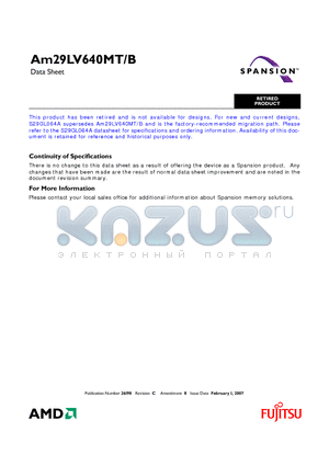 AM29LV640MB100EI datasheet - 64 Megabit (4 M x 16-Bit/8 M x 8-Bit) MirrorBit 3.0 Volt-only Boot Sector Flash Memory