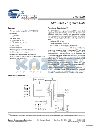 CY7C1020D datasheet - 512K (32K x 16) Static RAM