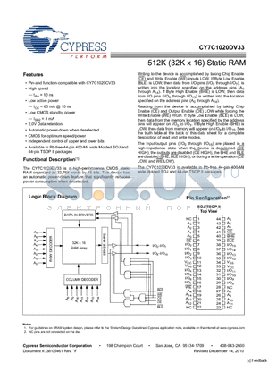 CY7C1020DV33-10ZSXI datasheet - 512K (32K x 16) Static RAM