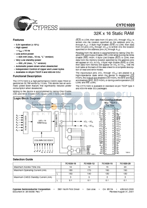 CY7C1020L-20VC datasheet - 32K x 16 Static RAM