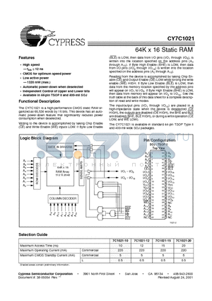 CY7C1021 datasheet - 64K x 16 Static RAM