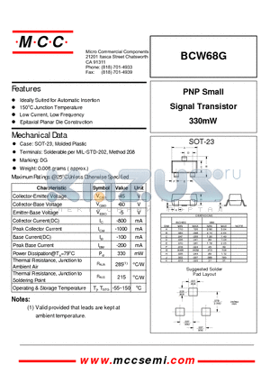 BCW68G datasheet - PNP Small Signal Transistor 330mW