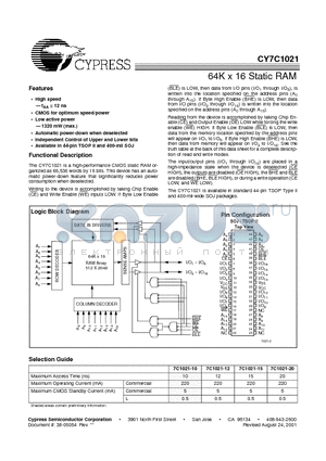 CY7C1021-12VC datasheet - 64K x 16 Static RAM