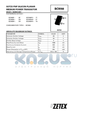 BCW68GR datasheet - PNP SILICON PLANAR MEDIUM POWER TRANSISTOR