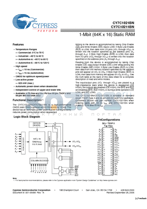 CY7C10211BN-10ZXC datasheet - 1-Mbit (64K x 16) Static RAM