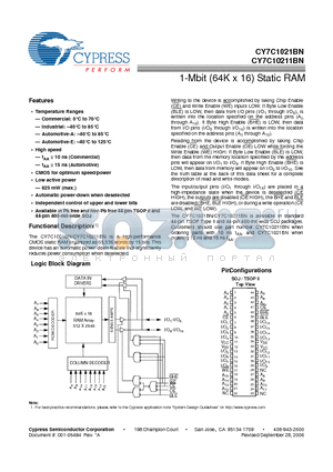 CY7C10211BN-10ZXC datasheet - 1-Mbit (64K x 16) Static RAM