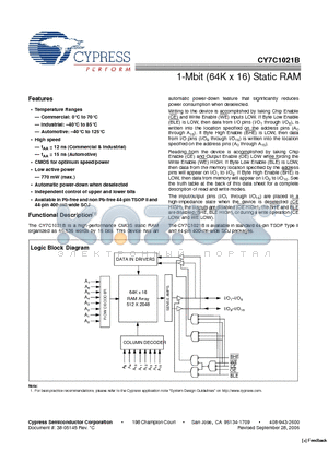 CY7C1021B-15ZC datasheet - 1-Mbit (64K x 16) Static RAM