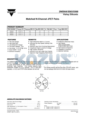 2N5566 datasheet - Matched N-Channel JFET Pairs