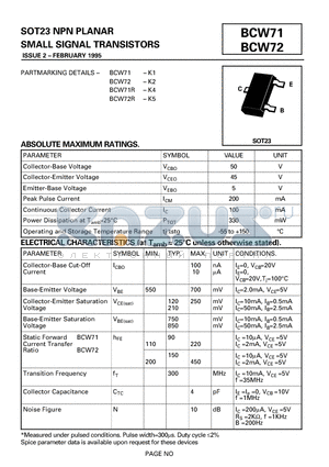 BCW72 datasheet - SOT23 NPN PLANAR SMALL SIGNAL TRANSISTORS