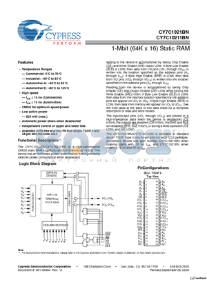 CY7C1021BNL-15ZSXA datasheet - 1-Mbit (64K x 16) Static RAM