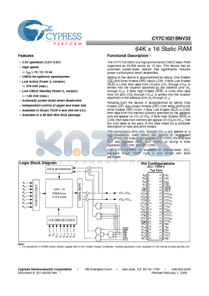 CY7C1021BNV33L-10VXC datasheet - 64K x 16 Static RAM