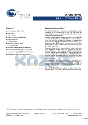 CY7C1021BNV33L-15BAI datasheet - 64 K  16 Static RAM CMOS for optimum speed/power