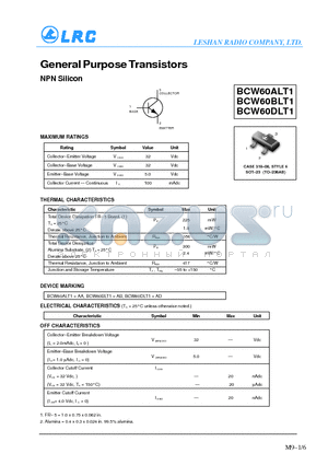 BCWDLT1 datasheet - General Purpose Transistors(NPN Silicon)