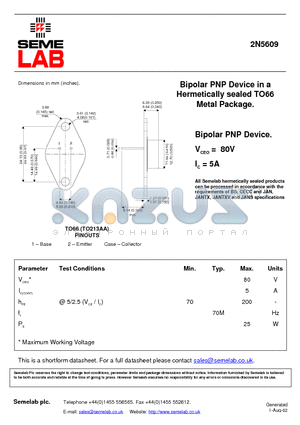 2N5609 datasheet - Bipolar PNP Device in a Hermetically sealed TO66