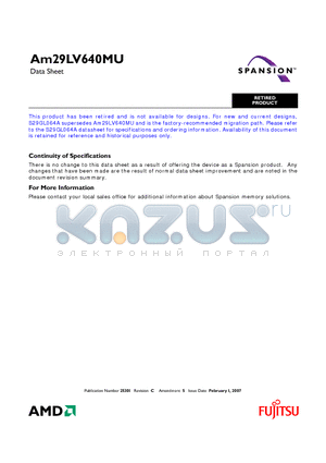 AM29LV640MU100WHI datasheet - 64 Megabit (4 M x 16-Bit) MirrorBit 3.0 Volt-only Uniform Sector Flash Memory with VersatileI/O Control