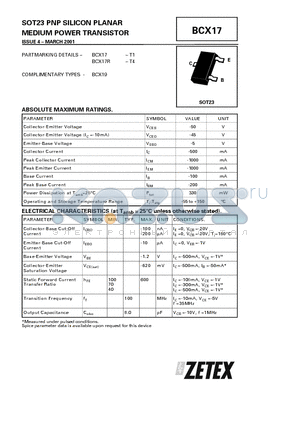 BCX17 datasheet - PNP SILICON PLANAR MEDIUM POWER TRANSISTOR