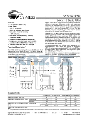 CY7C1021BV33-12VI datasheet - 64K x 16 Static RAM