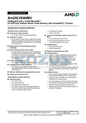 AM29LV640MU101 datasheet - 64 Megabit (4 M x 16-Bit) MirrorBit 3.0 Volt-only Uniform Sector Flash Memory with VersatileI/O Control