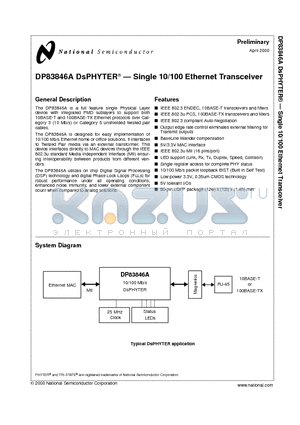 DP83846A datasheet - DsPHYTER Single 10/100 Ethernet Transceiver