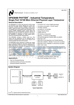 DP83848I_08 datasheet - PHYTER^ - Industrial Temperature Single Port 10/100 Mb/s Ethernet Physical Layer Transceiver