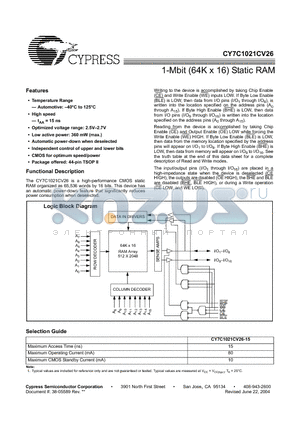 CY7C1021CV26 datasheet - 1-Mbit (64K x 16) Static RAM