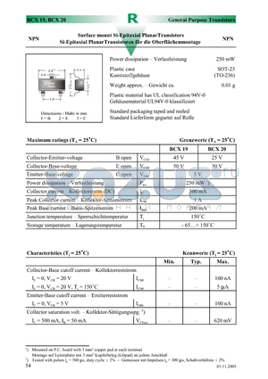 BCX19 datasheet - Surface mount Si-Epitaxial PlanarTransistors