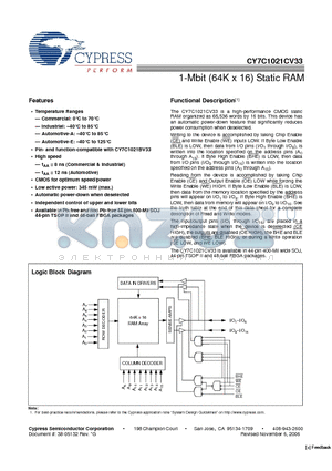 CY7C1021CV33-12BAE datasheet - 1-Mbit (64K x 16) Static RAM