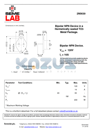 2N5630 datasheet - Bipolar NPN Device