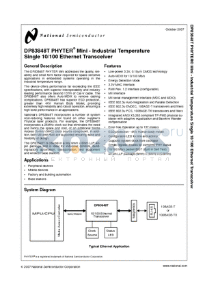 DP83848T datasheet - Industrial Temperature Single 10/100 Ethernet Transceiver