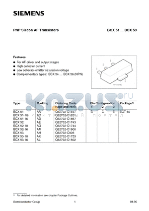 BCX51 datasheet - PNP Silicon AF Transistors