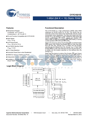 CY7C1021D-10VXIT datasheet - 1-Mbit (64 K  16) Static RAM