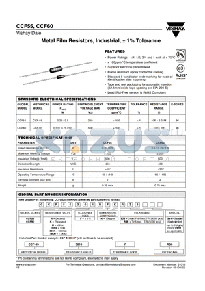 CCF-555K62FKE36 datasheet - Metal Film Resistors, Industrial, 1% Tolerance