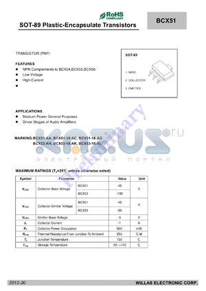 BCX51 datasheet - SOT-89 Plastic-Encapsulate Transistors