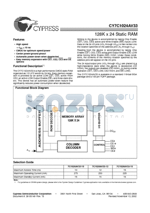 CY7C1024AV33-12BGC datasheet - 128K x 24 Static RAM