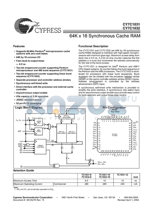 CY7C1031-10JC datasheet - 64K x 18 Synchronous Cache RAM