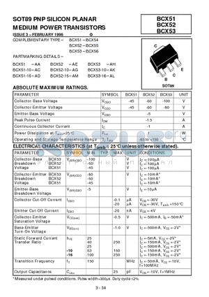 BCX52 datasheet - SOT89 PNP SILICON PLANAR MEDIUM POWER TRANSISTORS