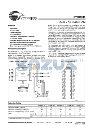 CY7C1041-15VI datasheet - 256K x 16 Static RAM