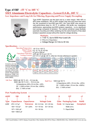 AVRF106M25B12T-F datasheet - SMT Aluminum Electrolytic Capacitors - Lowest E.S.R., 105 C