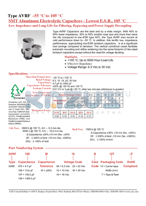 AVRF108M06F24T-F datasheet - SMT Aluminum Electrolytic Capacitors - Lowest E.S.R., 105 C