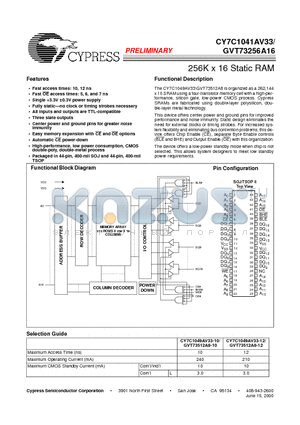 CY7C1041AV33 datasheet - 256K x 16 Static RAM