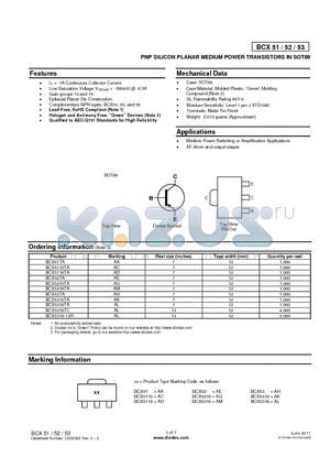 BCX5216TA datasheet - PNP SILICON PLANAR MEDIUM POWER TRANSISTORS IN SOT89